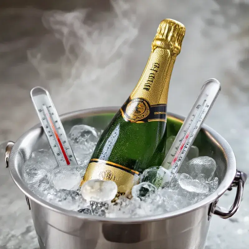 Champagne bottle chilling in a silver ice bucket filled with