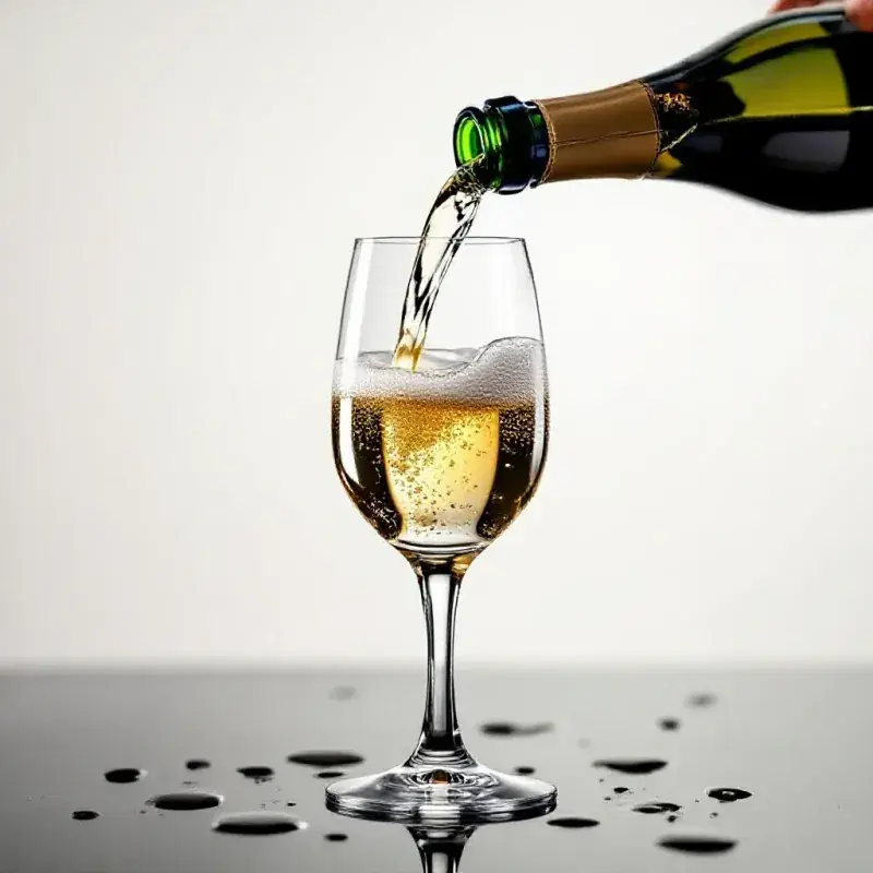Champagne being poured from a dark bottle into a crystal