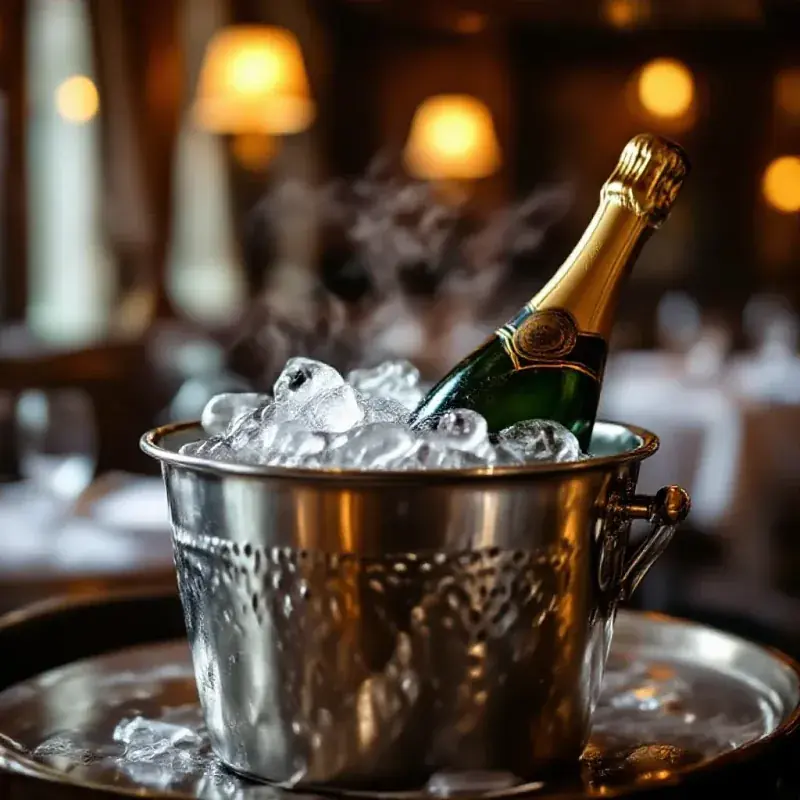 Champagne bucket with ice and a bottle