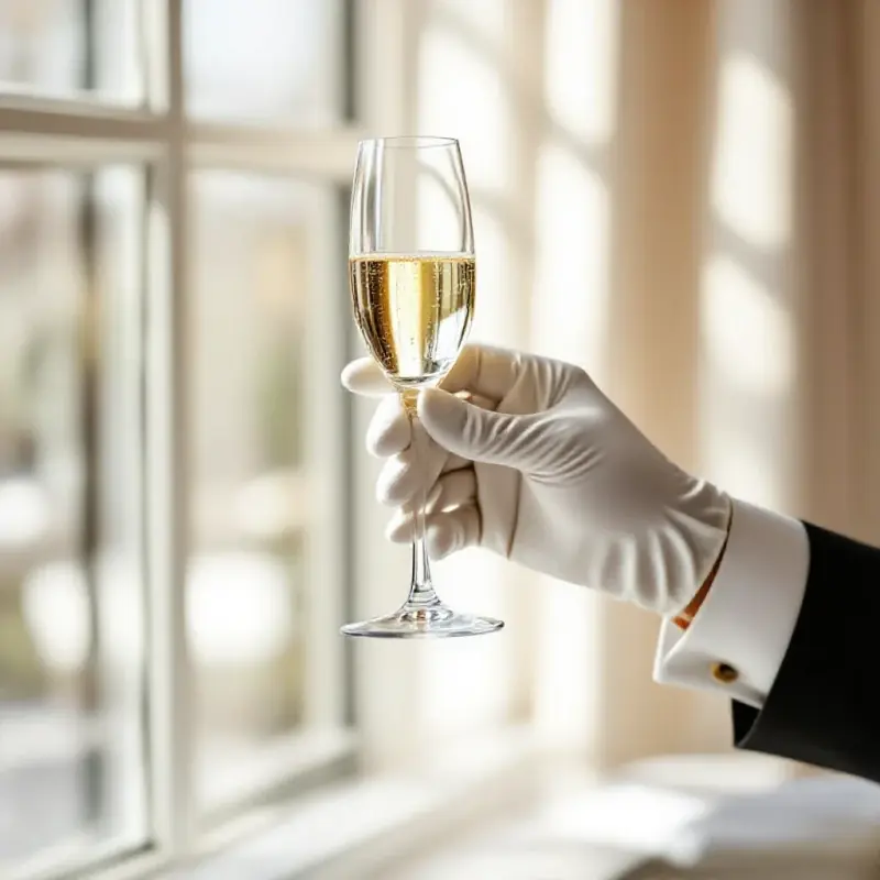Expert sommelier in white gloves holding a tilted champagne flute