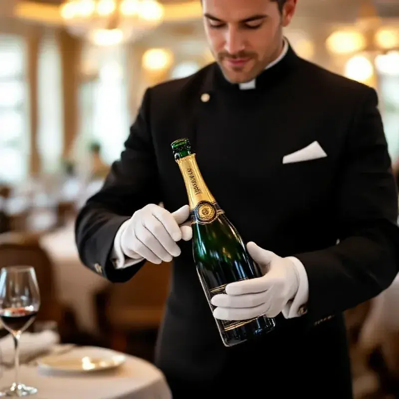 Master sommelier in a luxury restaurant examining a champagne bottle