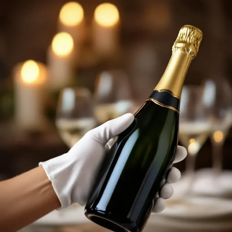 A dark champagne bottle held vertically with thumb in the