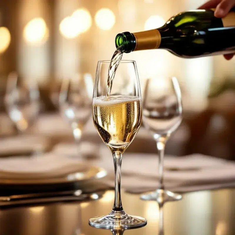 Perfect champagne pour into a tilted crystal tulip flute