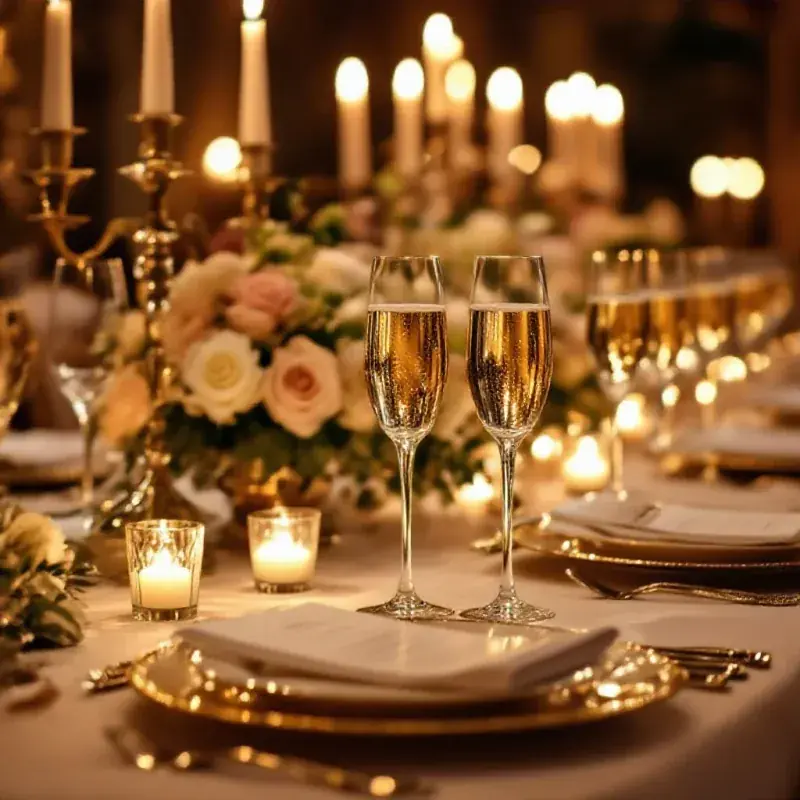 Prestigious candlelit dinner setting with champagne as the centerpiece