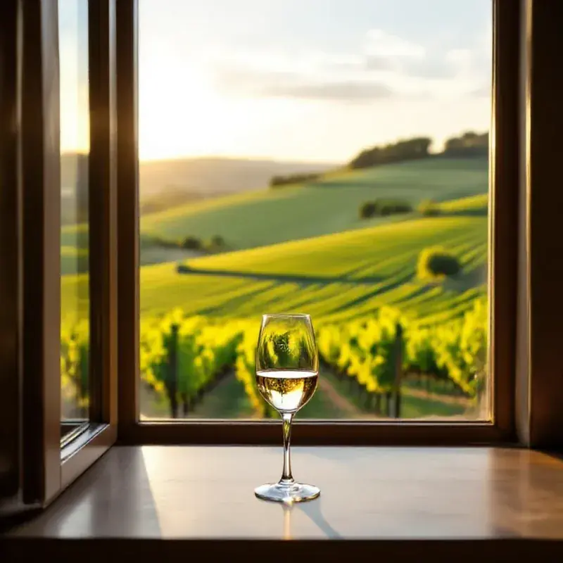 Champagne vineyards on a chalk hillside viewed from tasting room