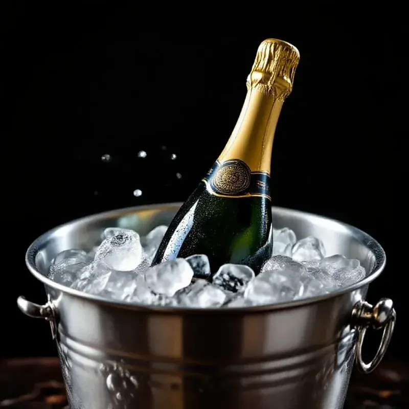 Champagne bottle chilling in an ice bucket with crushed ice
