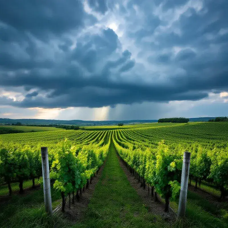 Dramatic storm clouds building over a champagne vineyard