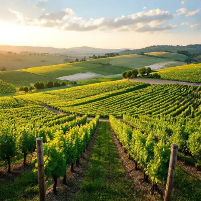 Côte des Blancs hillside vineyard with Chardonnay vines in summer
