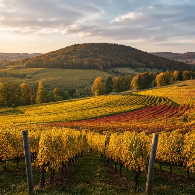 Montagne de Reims vineyard panorama with forest-crowned hilltop in the
