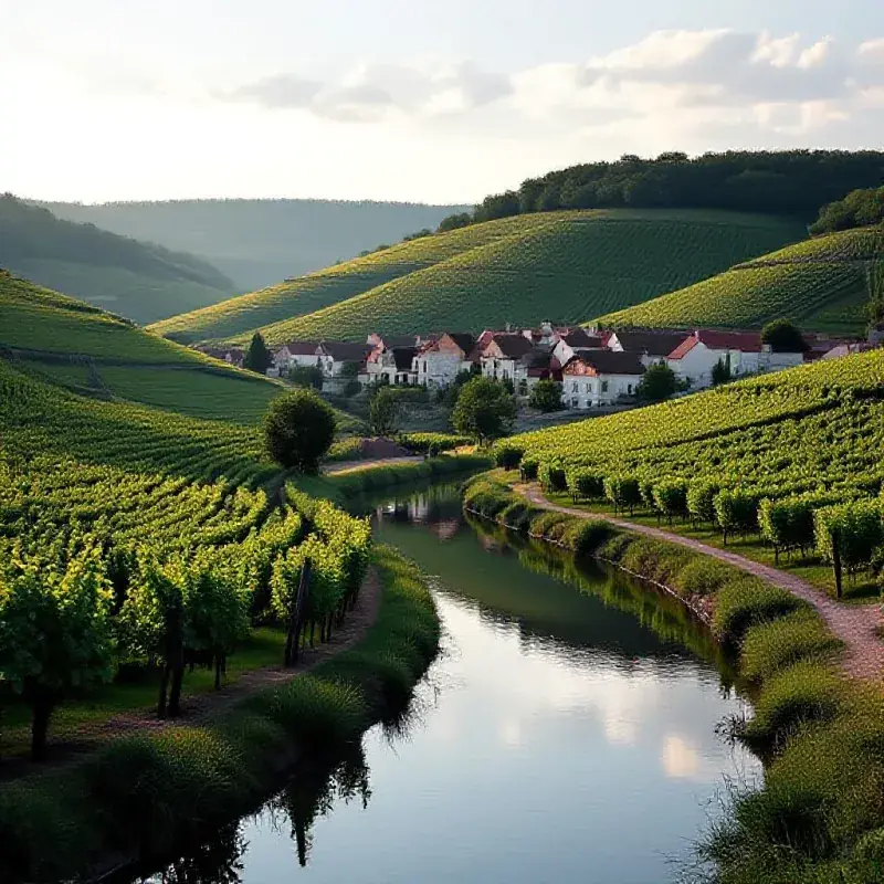 The Marne river winding gently through a valley of champagne