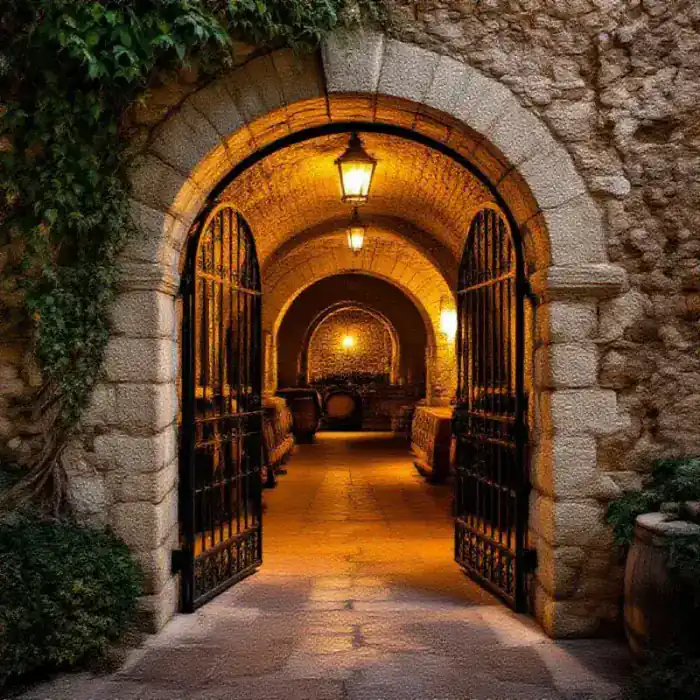 The stone-arched entrance to an ancient wine cellar