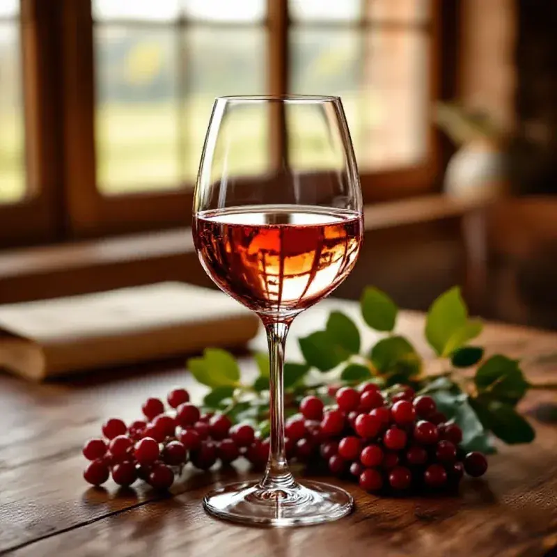 A glass of deep salmon-pink rosé de macération with no