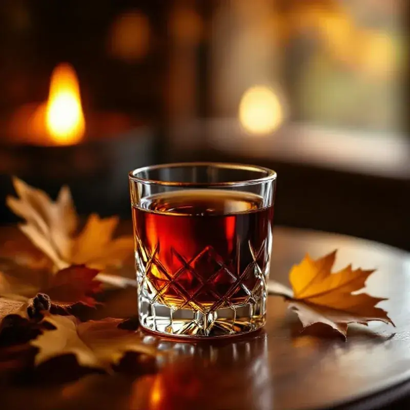 An amber-colored ratafia liqueur in a small crystal glass set