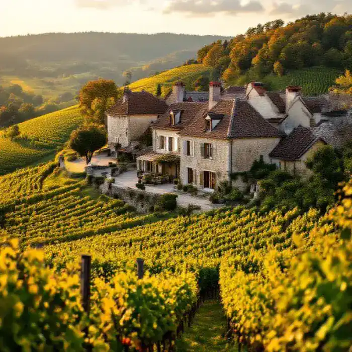A picturesque French village nestled among champagne vineyards on a